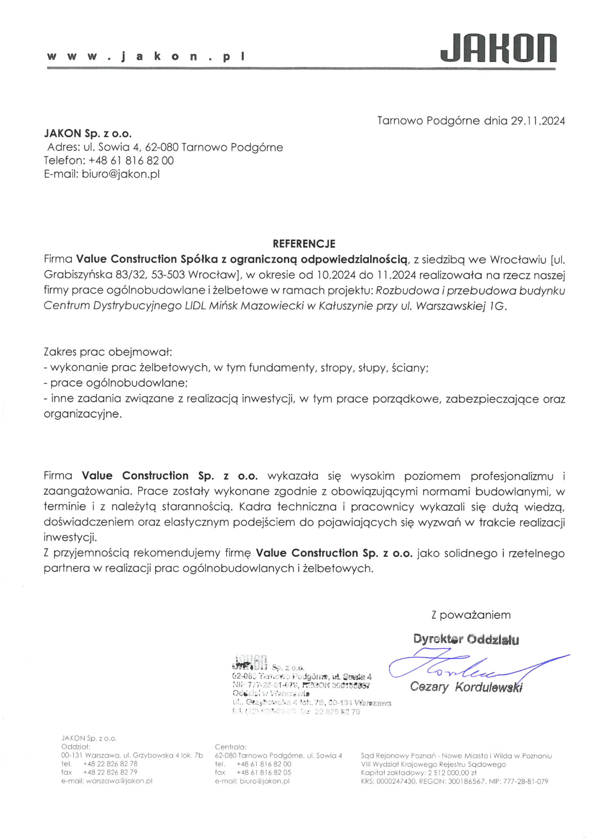 Referencje Value Construction – JAKON / Lidl