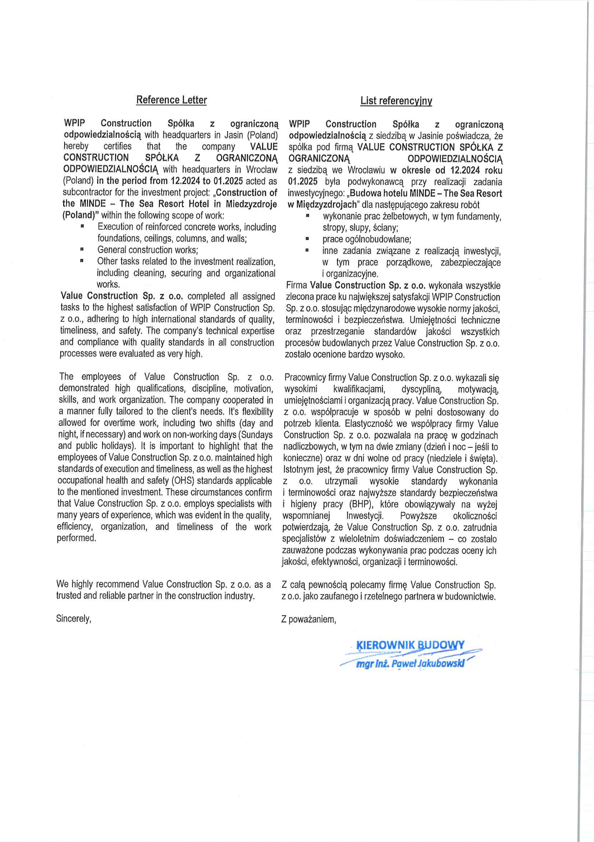 Referencje Value Construction – Minde / SeaResort